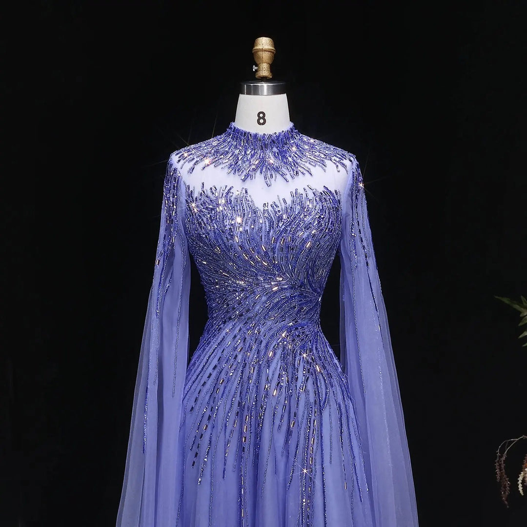 Luxury Beaded High Neck Evening Dress with Cape Sleeves SS134 DreamyVow Luxury Beaded High Neck Evening Dress with Cape Sleeves SS134 DreamyVow