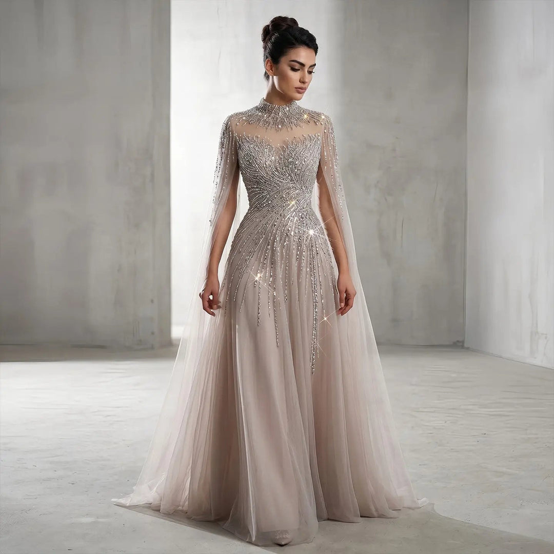 Luxury Beaded High Neck Evening Dress with Cape Sleeves SS134-DreamyVow