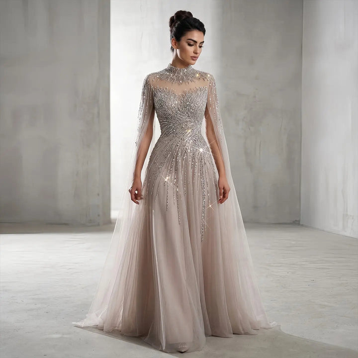 Luxury Beaded High Neck Evening Dress with Cape Sleeves SS134-DreamyVow