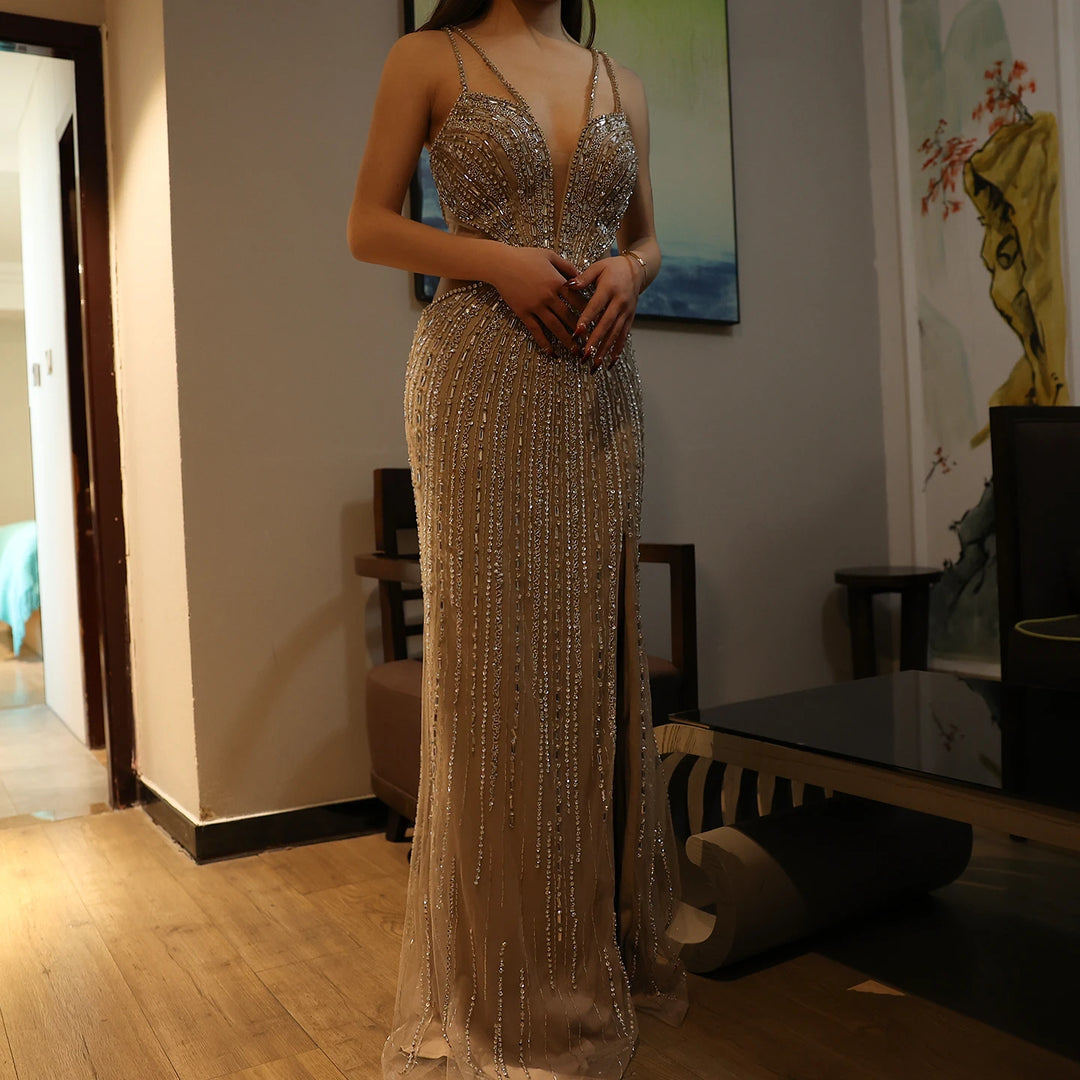 Luxury Beaded Nude Mermaid Evening Dress SS177