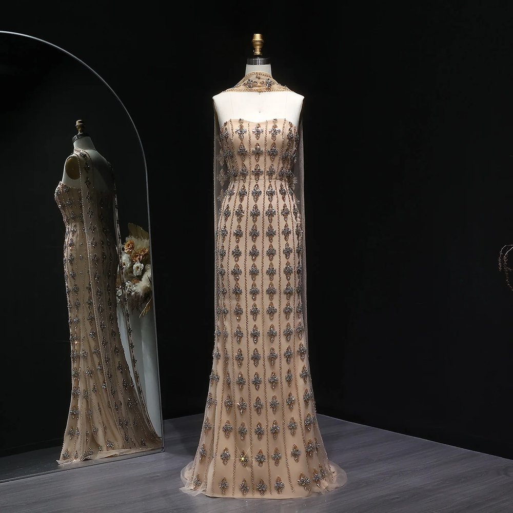 Luxury Beaded Nude Strapless Evening Dress with Scarf SS229