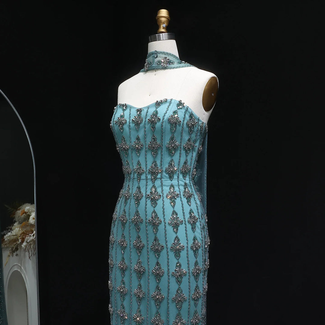 Luxury Beaded Nude Strapless Evening Dress with Scarf SS229, Turquoise / 10 Luxury Beaded Nude Strapless Evening Dress with Scarf SS229, Turquoise / 10