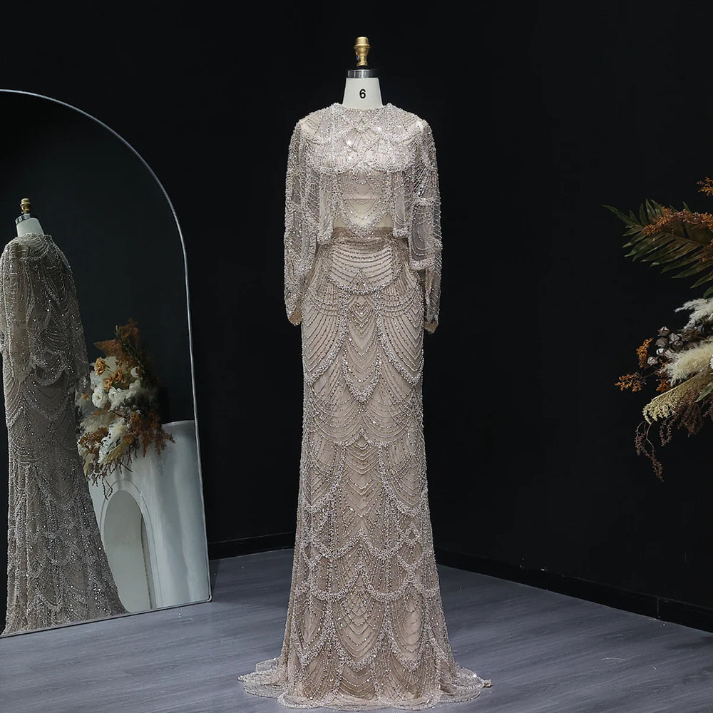 Luxury Beaded Nude Two Pieces Evening Dress SS646