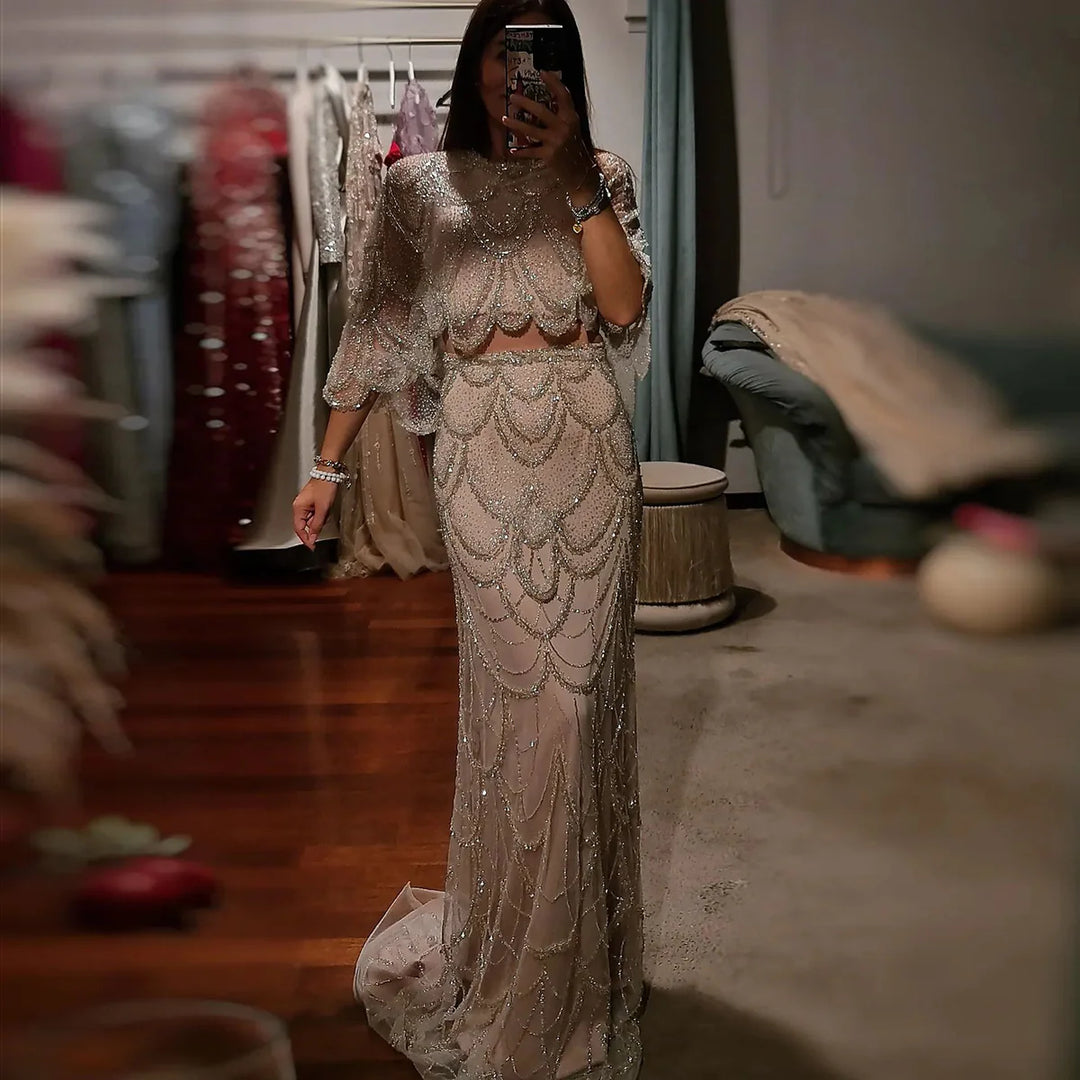 Luxury Beaded Nude Two Pieces Evening Dress SS646 Nude / 20 Luxury Beaded Nude Two Pieces Evening Dress SS646 Nude / 20