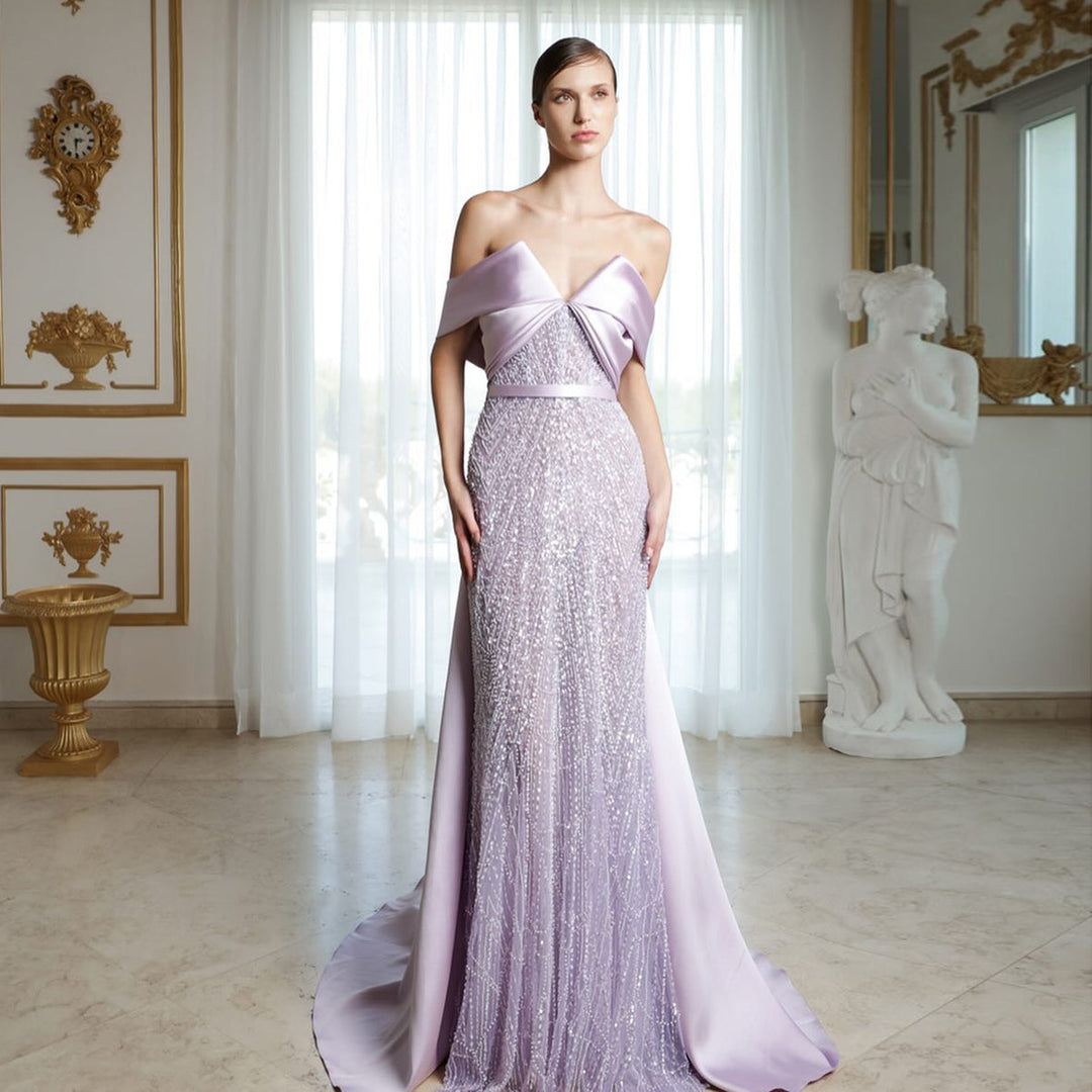 Luxury Beaded Off Shoulder Lilac Evening Dress SS624
