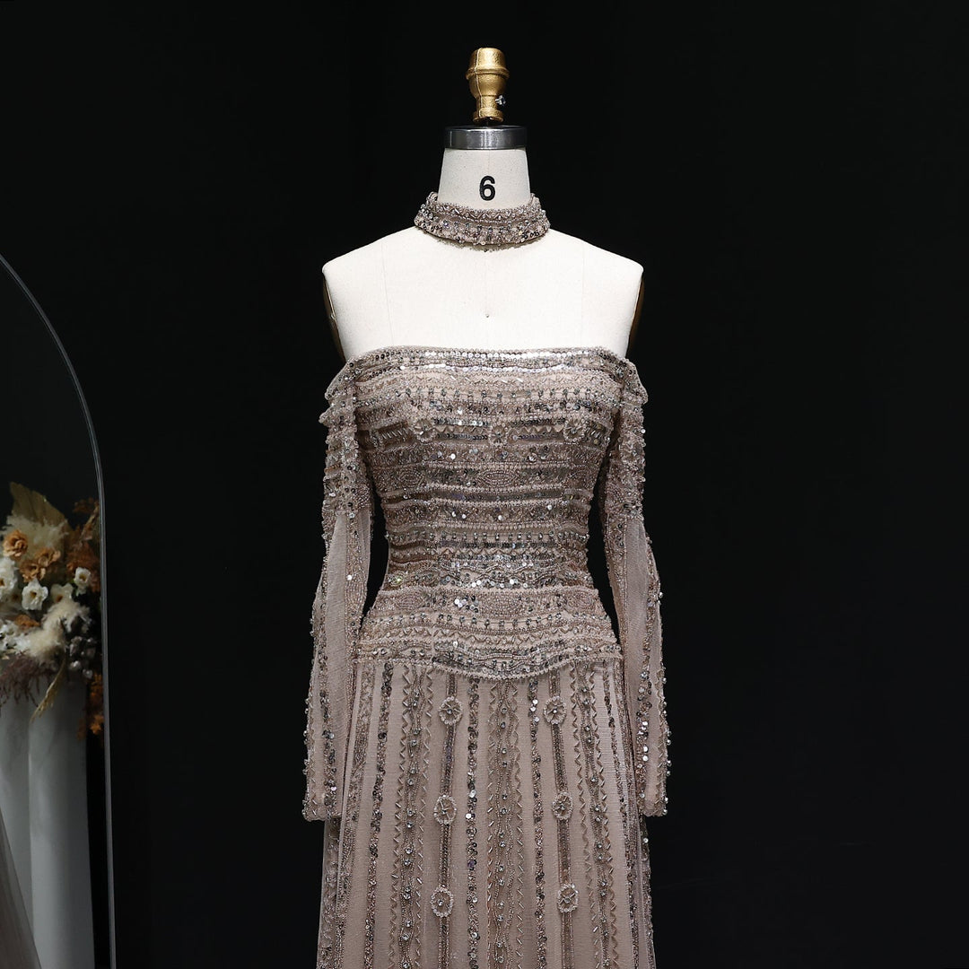 Luxury Beaded Off Shoulder Pink Evening Dress with Choker SS178