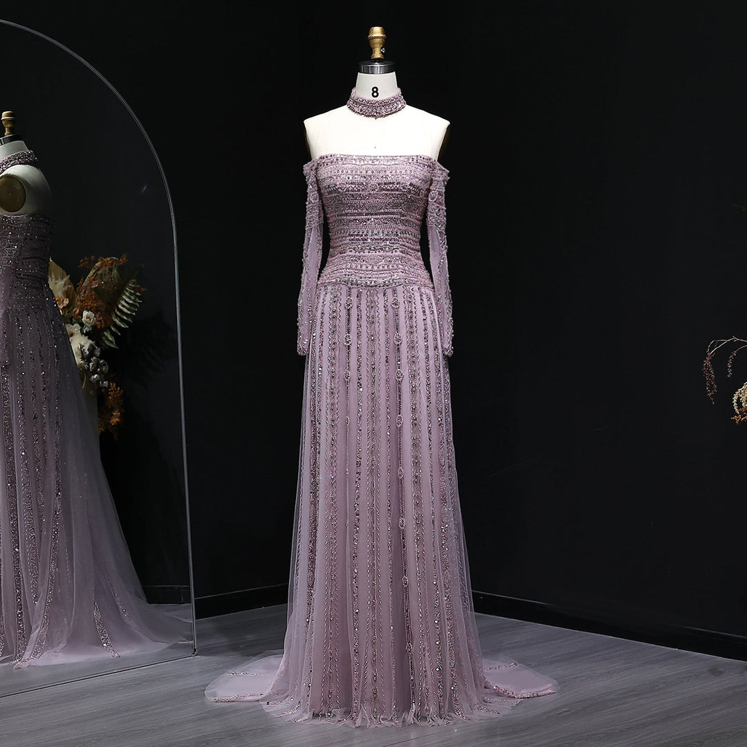 purple choker dress Long Beaded Prom Dress with Choker Collar Mauve / 8