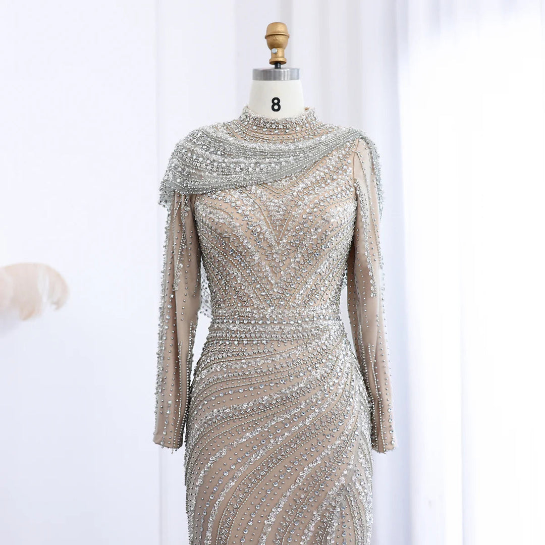 Luxury Beaded Silver Long Sleeves Evening Dress with Cape SS035 DreamyVow Luxury Beaded Silver Long Sleeves Evening Dress with Cape SS035 DreamyVow