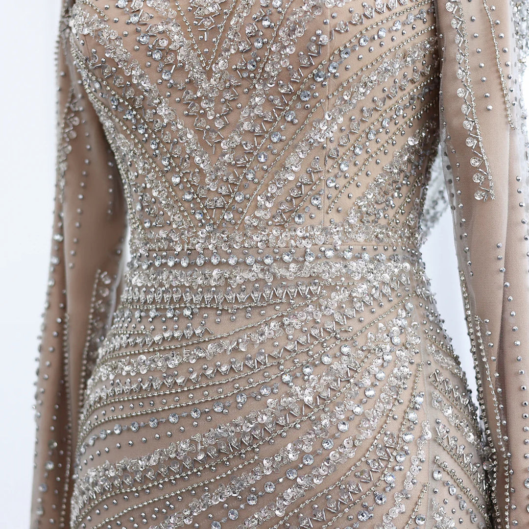 Luxury Beaded Silver Long Sleeves Evening Dress with Cape SS035 DreamyVow Luxury Beaded Silver Long Sleeves Evening Dress with Cape SS035 DreamyVow
