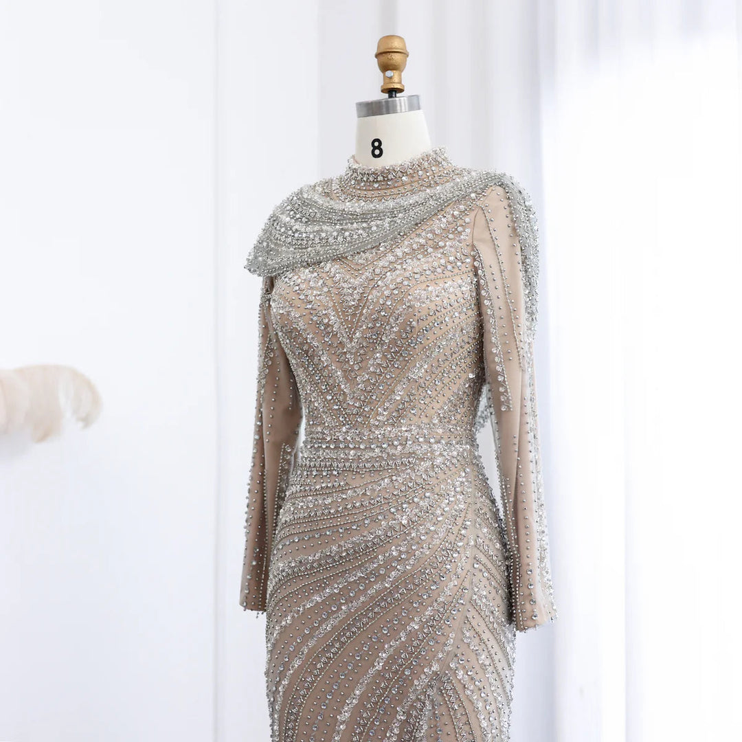 Luxury Beaded Silver Long Sleeves Evening Dress with Cape SS035 DreamyVow Luxury Beaded Silver Long Sleeves Evening Dress with Cape SS035 DreamyVow