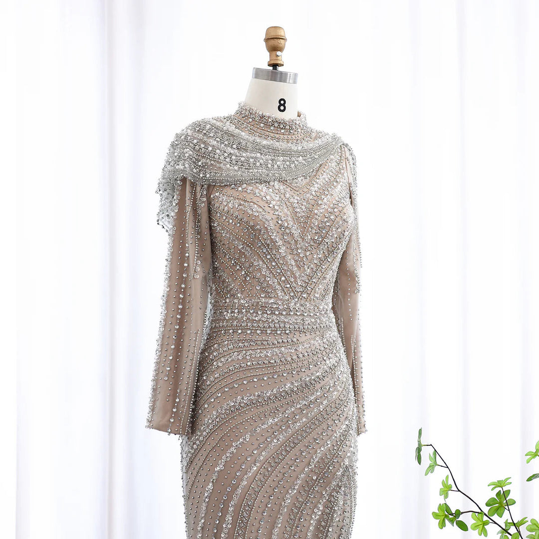 Luxury Beaded Silver Long Sleeves Evening Dress with Cape SS035 Luxury Beaded Silver Long Sleeves Evening Dress with Cape SS035