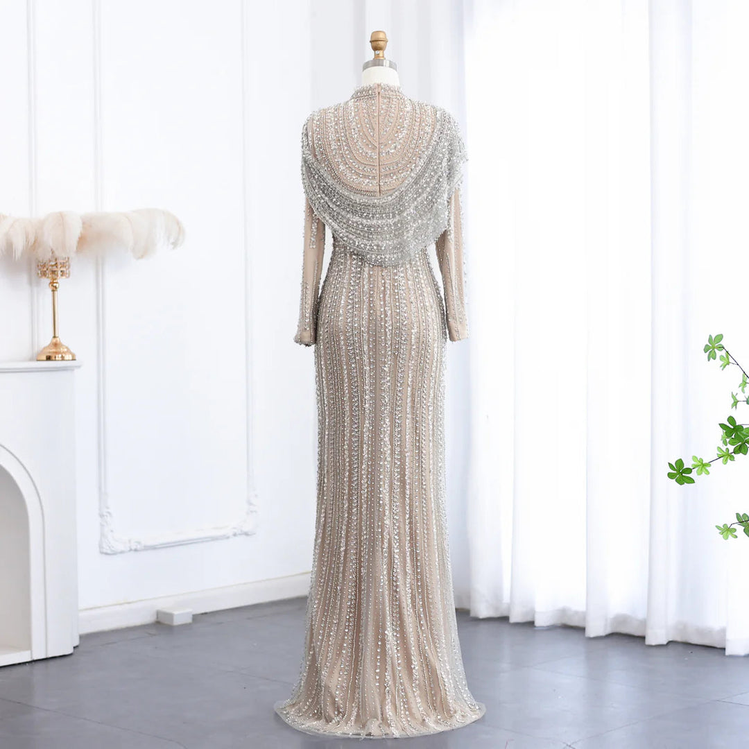 Luxury Beaded Silver Long Sleeves Evening Dress with Cape SS035 DreamyVow Luxury Beaded Silver Long Sleeves Evening Dress with Cape SS035 DreamyVow