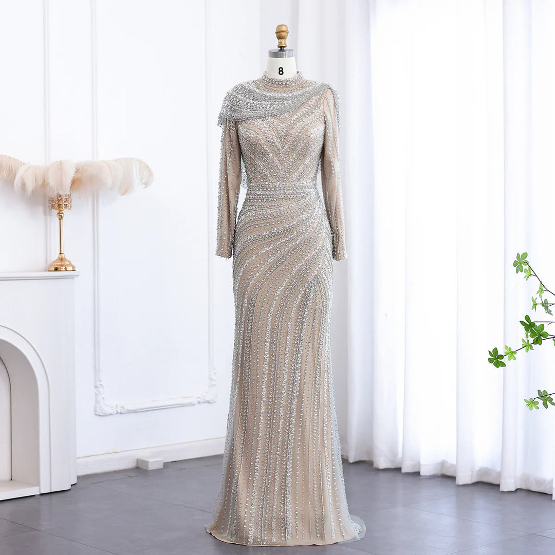 Luxury Beaded Silver Long Sleeves Evening Dress with Cape SS035, Silver Nude / 20 Luxury Beaded Silver Long Sleeves Evening Dress with Cape SS035, Silver Nude / 20