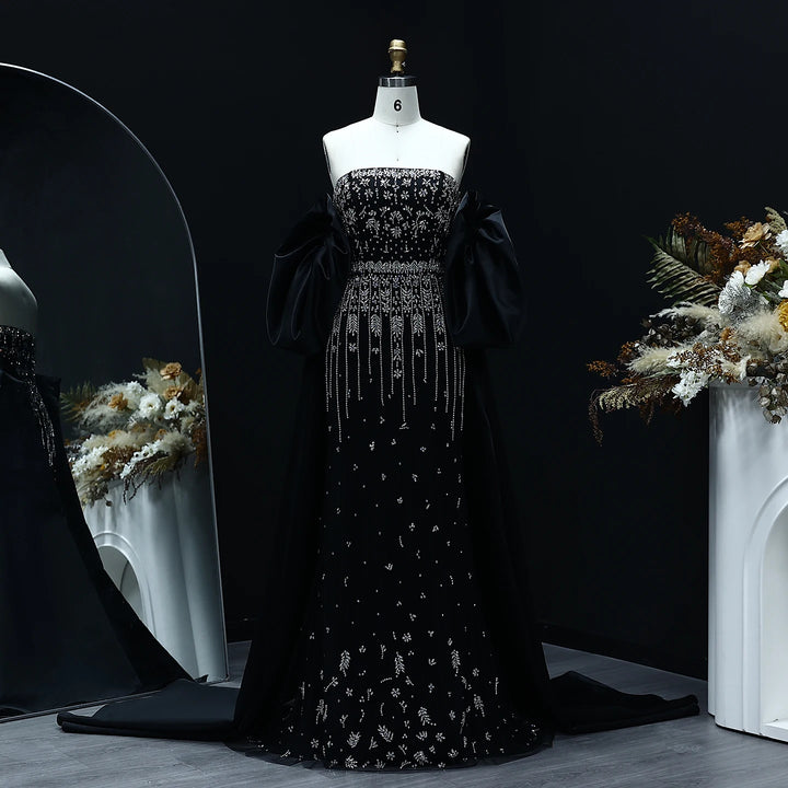 Luxury Beaded Tassel Black Evening Dress with Straps Cape SS294