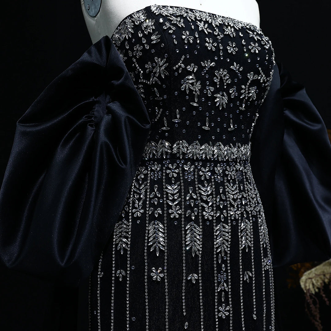 Luxury Beaded Tassel Black Evening Dress with Straps Cape SS294