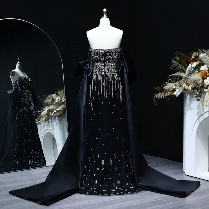Luxury Beaded Tassel Black Evening Dress with Straps Cape SS294