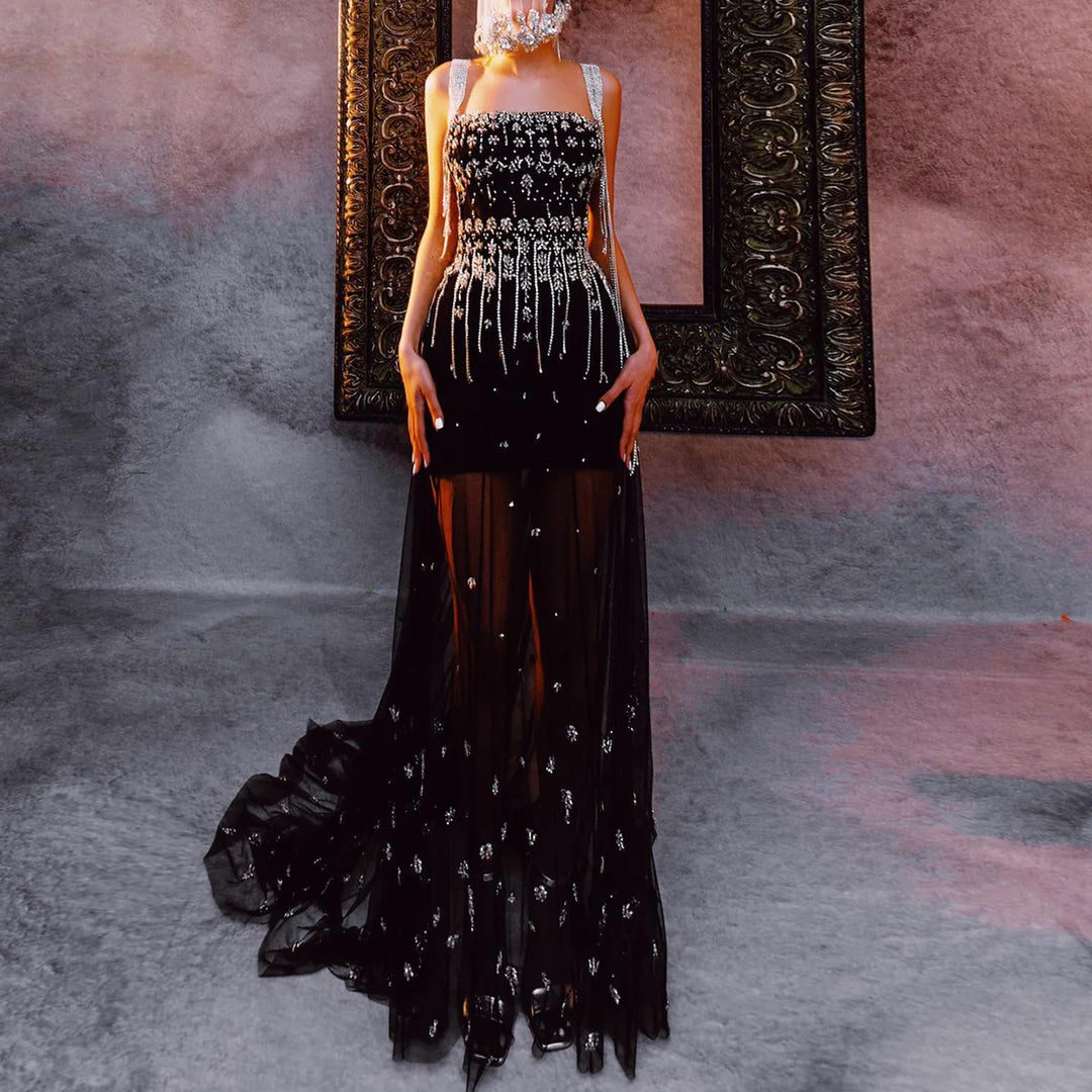 Luxury Beaded Tassel Black Evening Dress with Straps Cape SS294 – DreamyVow