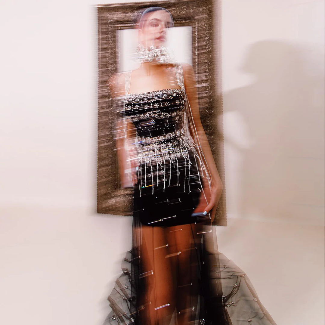 Luxury Beaded Tassel Black Evening Dress with Straps Cape SS294
