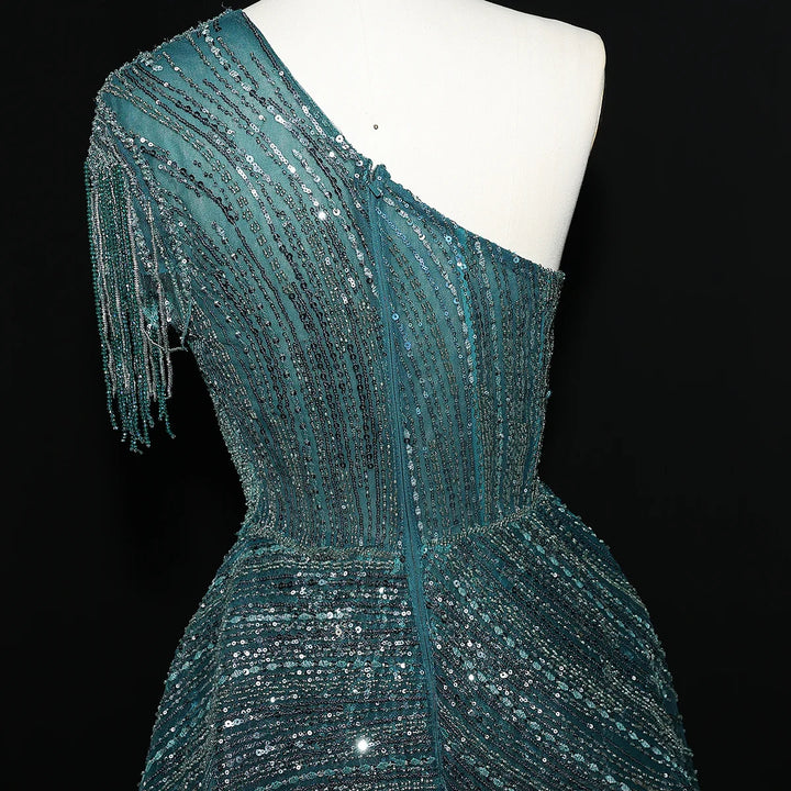 Luxury Beaded Tassel Red One Shoulder Evening Dress with Overskirt SS008