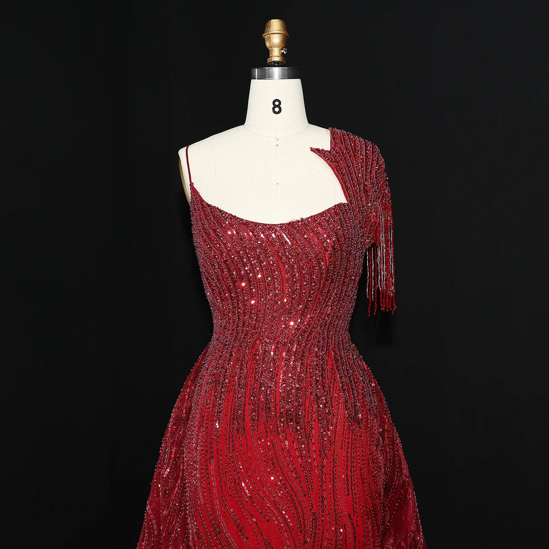 Luxury Beaded Tassel Red One Shoulder Evening Dress with Overskirt SS0 – DreamyVow