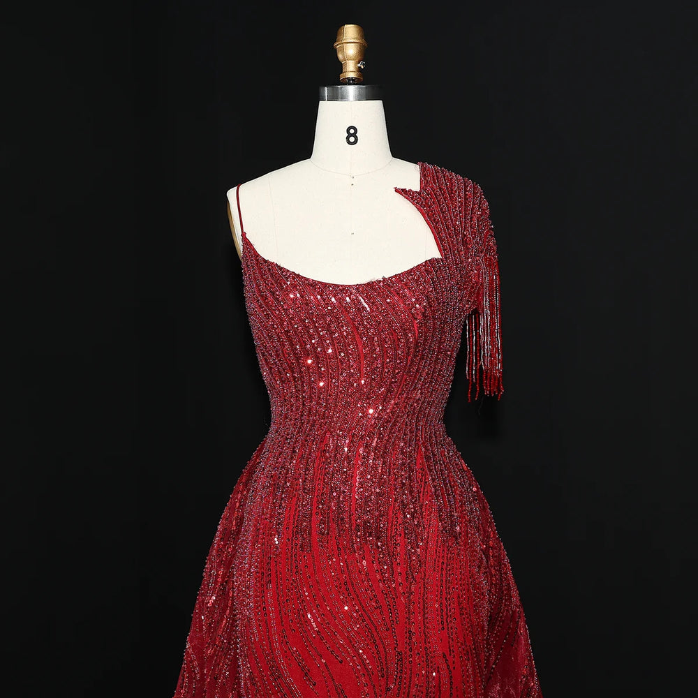 Luxury Beaded Tassel Red One Shoulder Evening Dress with Overskirt SS008