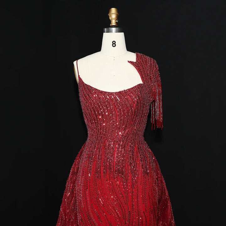Luxury Beaded Tassel Red One Shoulder Evening Dress with Overskirt SS008