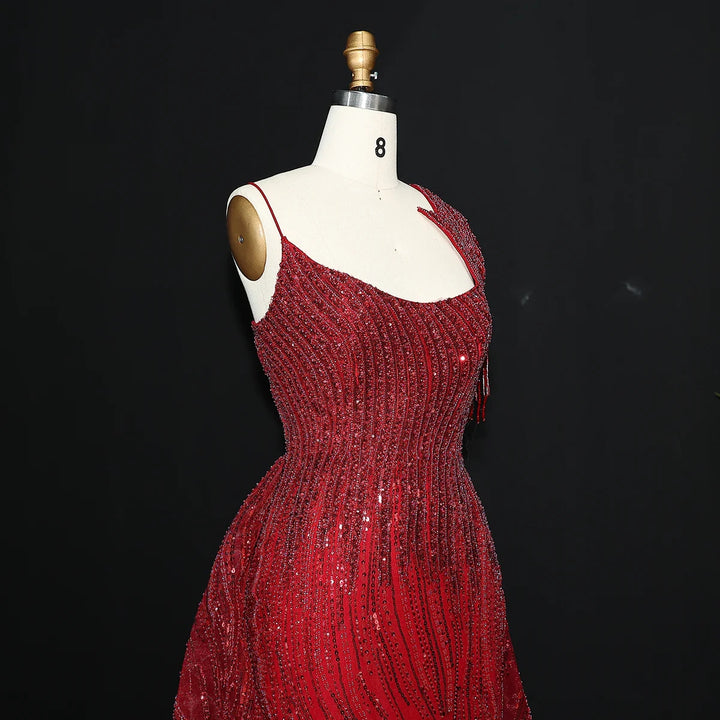 Luxury Beaded Tassel Red One Shoulder Evening Dress with Overskirt SS008