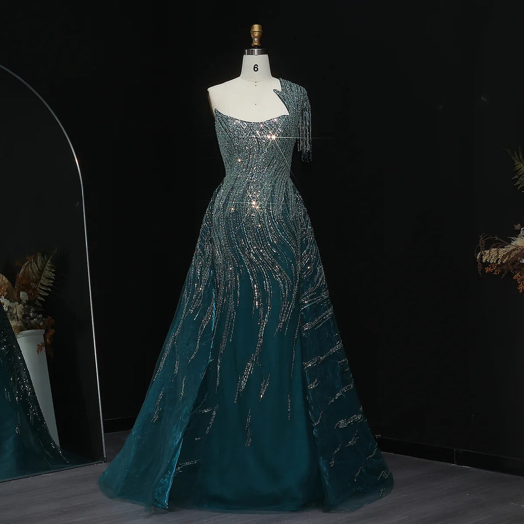 Luxury Beaded Tassel Red One Shoulder Evening Dress with Overskirt SS008