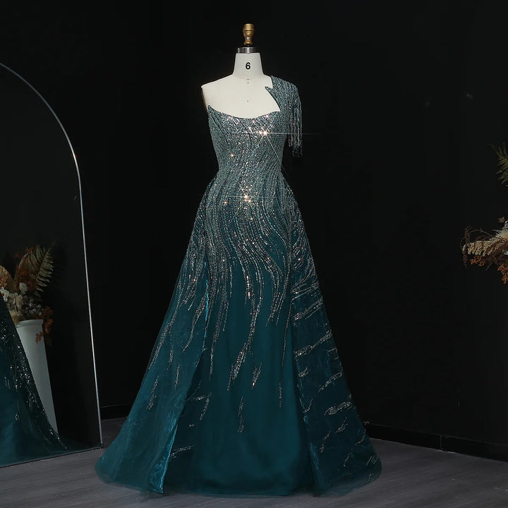Luxury Beaded Tassel Red One Shoulder Evening Dress with Overskirt SS008