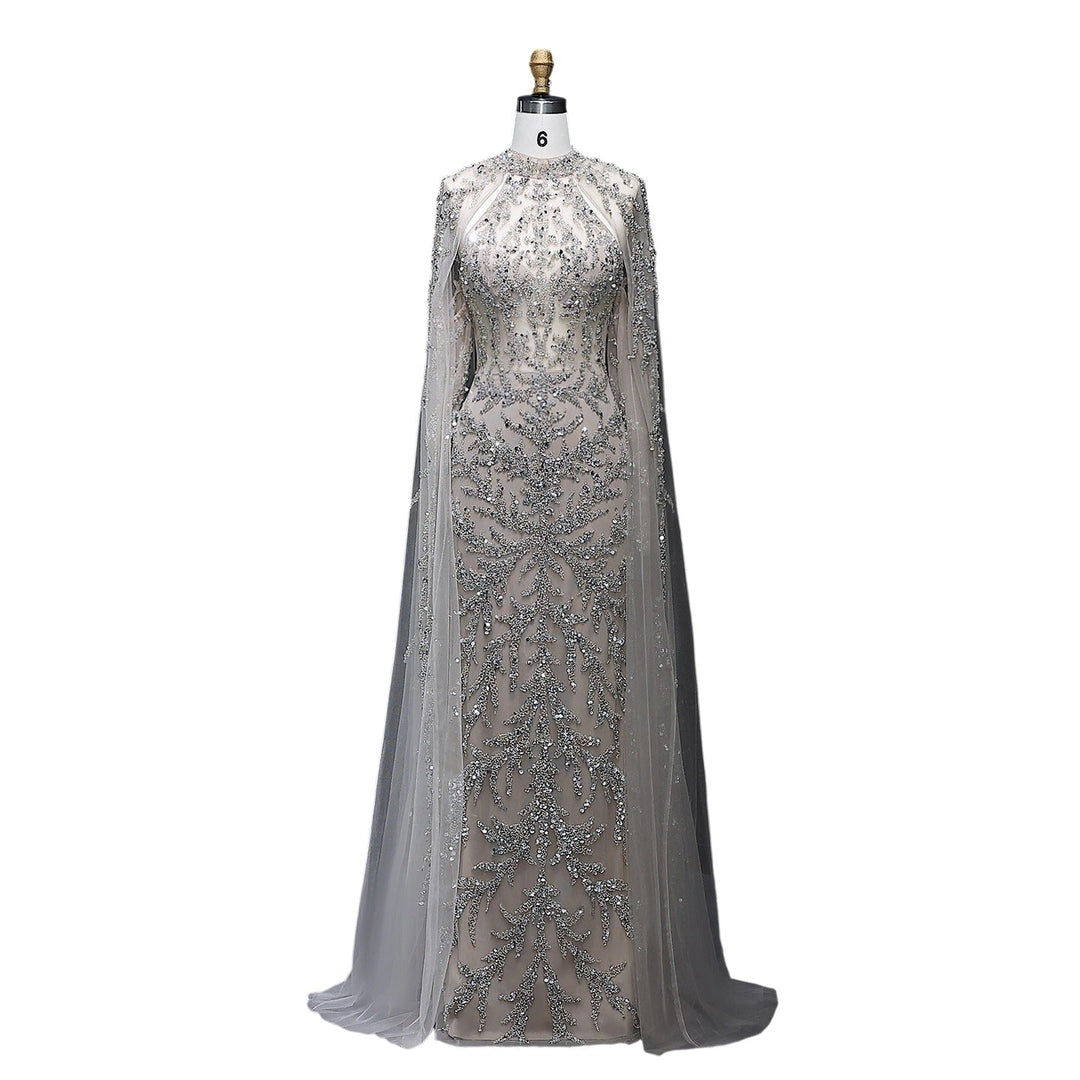 Luxury Beaded Turquoise Evening Dress with Cape Sleeves SS161