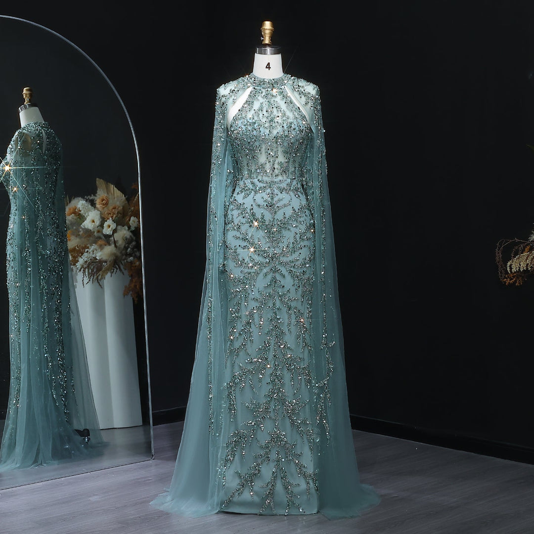 Luxury Beaded Turquoise Evening Dress with Cape Sleeves SS161