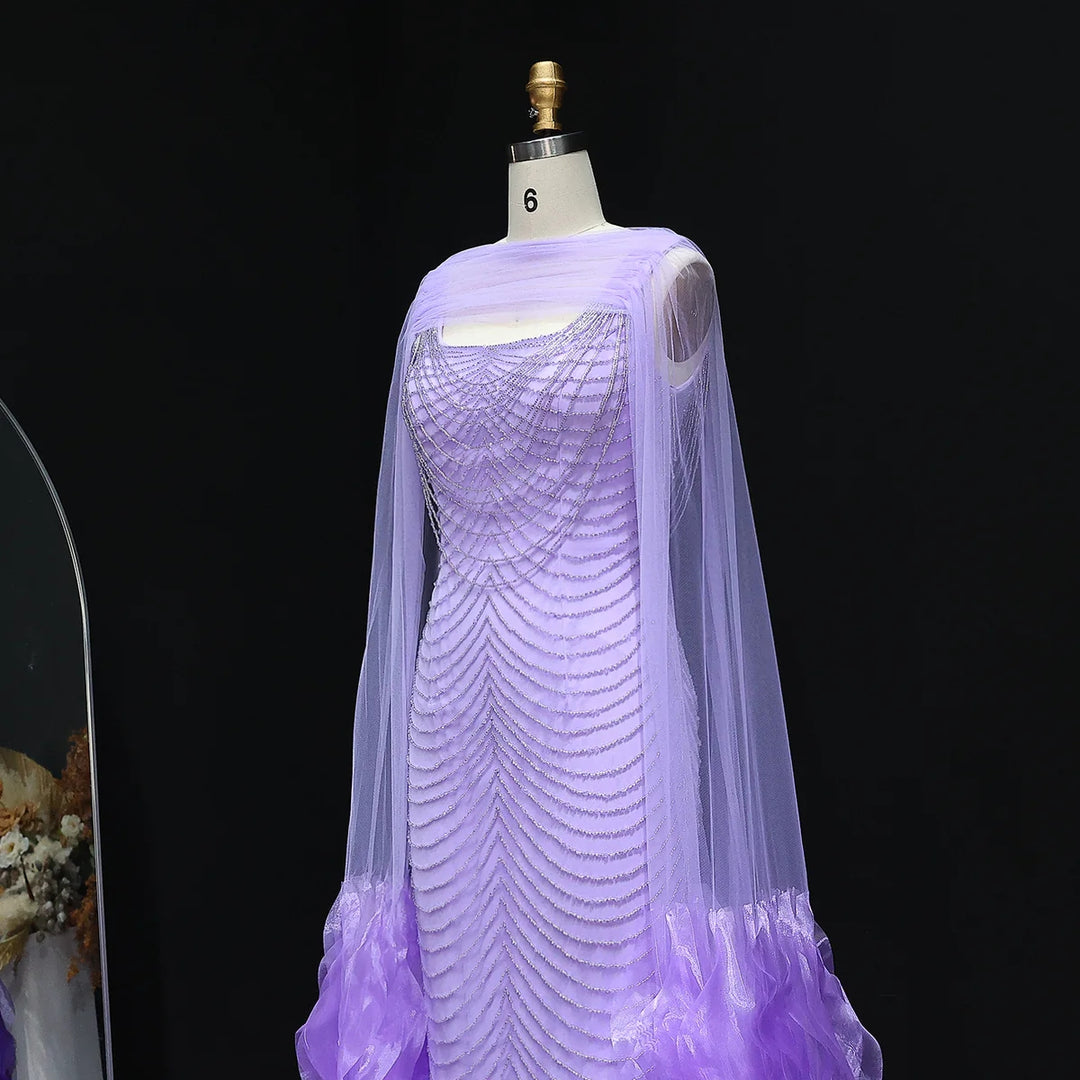 Luxury Beading Purple Evening Dress with Cape Sleeves SS280 DreamyVow Luxury Beading Purple Evening Dress with Cape Sleeves SS280 DreamyVow