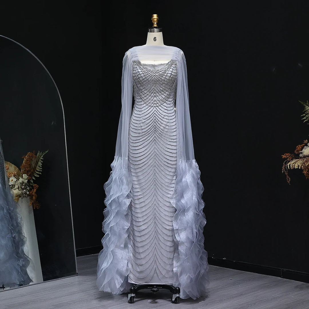 Luxury Beading Purple Evening Dress with Cape Sleeves SS280