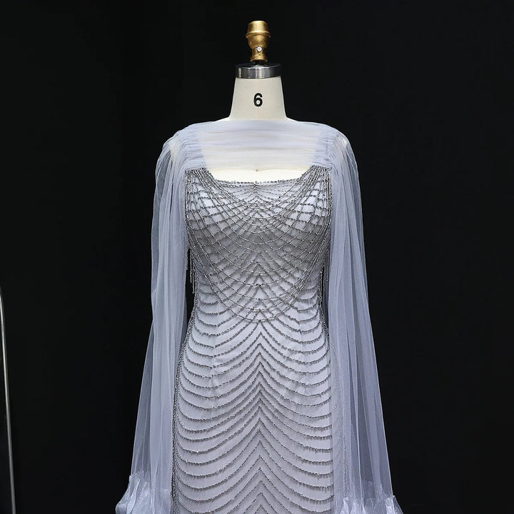 Luxury Beading Purple Evening Dress with Cape Sleeves SS280