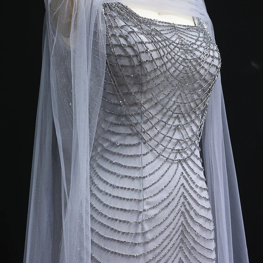 Luxury Beading Purple Evening Dress with Cape Sleeves SS280