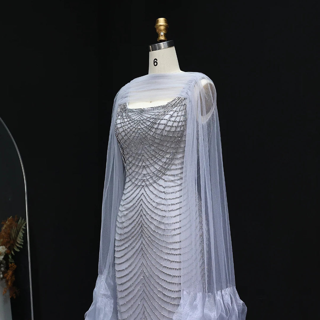 Luxury Beading Purple Evening Dress with Cape Sleeves SS280 DreamyVow Luxury Beading Purple Evening Dress with Cape Sleeves SS280 DreamyVow