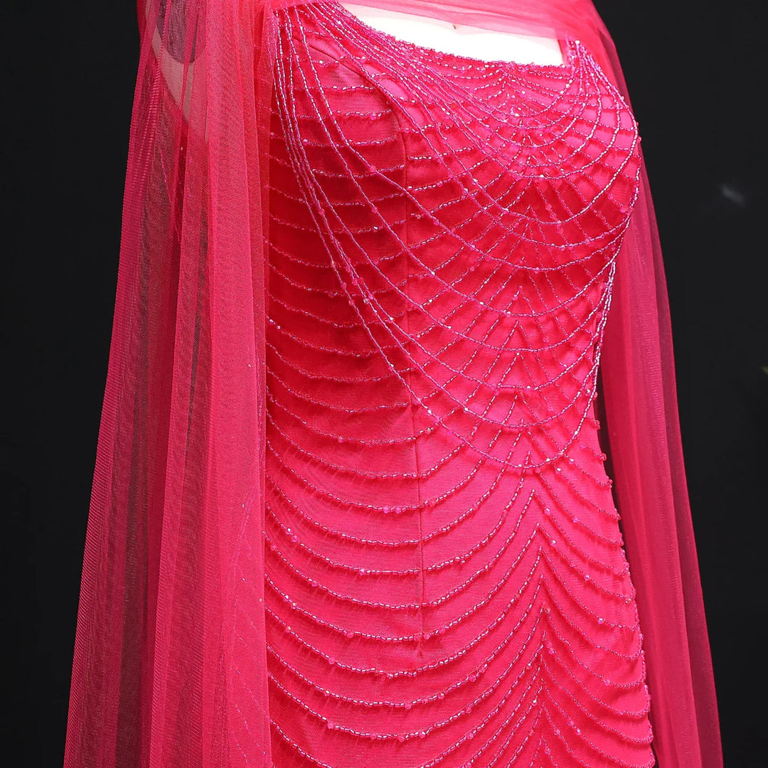 Luxury Beading Purple Evening Dress with Cape Sleeves SS280