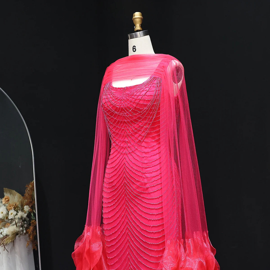 Luxury Beading Purple Evening Dress with Cape Sleeves SS280