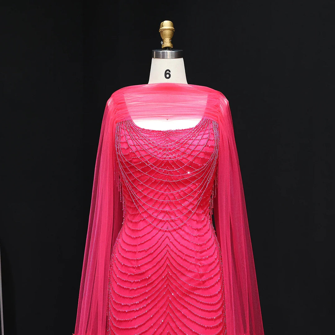 Luxury Beading Purple Evening Dress with Cape Sleeves SS280