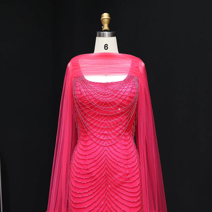 Luxury Beading Purple Evening Dress with Cape Sleeves SS280