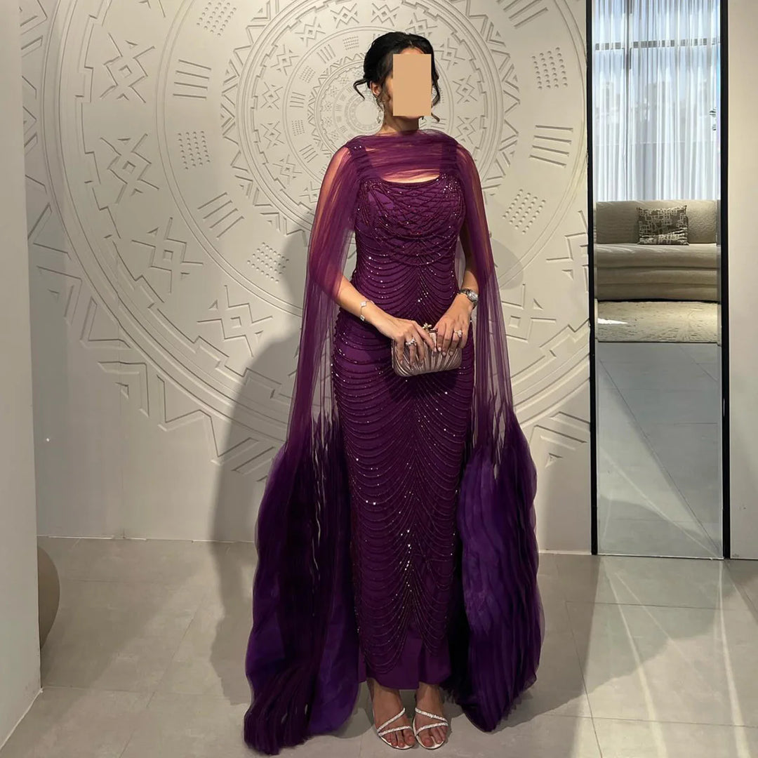 Luxury Beading Purple Evening Dress with Cape Sleeves SS280 Lilac / 12 Luxury Beading Purple Evening Dress with Cape Sleeves SS280 Lilac / 12