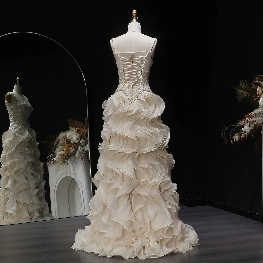Luxury Beige Beaded Corset Ruffle Evening Dress with Layered SS257-DreamyVow