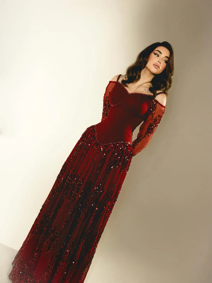 Luxury Beige Crystal Beaded Long Sleeve Evening Dress SS628-DreamyVow