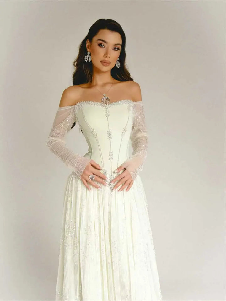 Luxury Beige Crystal Beaded Long Sleeve Evening Dress SS628-DreamyVow