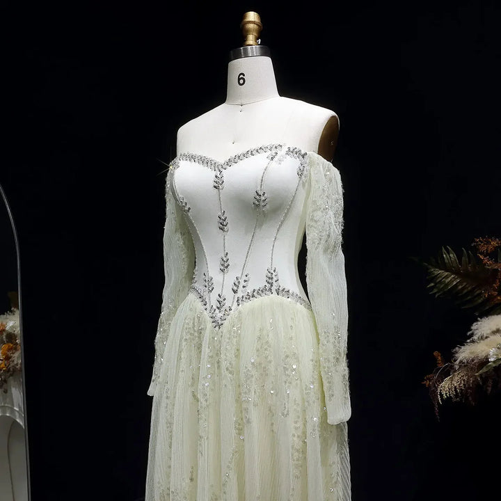 Luxury Beige Crystal Beaded Long Sleeve Evening Dress SS628-DreamyVow