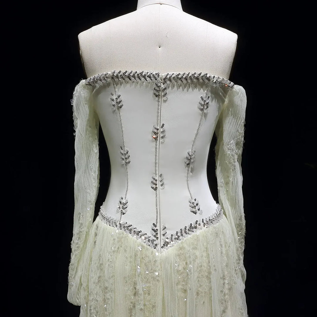 Luxury Beige Crystal Beaded Long Sleeve Evening Dress SS628-DreamyVow
