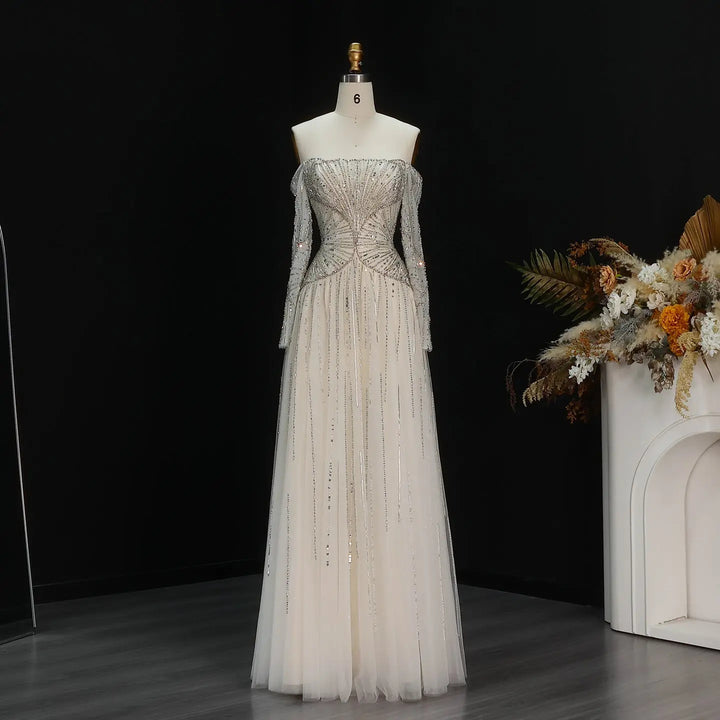 Luxury Beige Crystal Beaded Off Shoulder Evening Dress with Long Sleev DreamyVow Luxury Beige Crystal Beaded Off Shoulder Evening Dress with Long Sleev DreamyVow