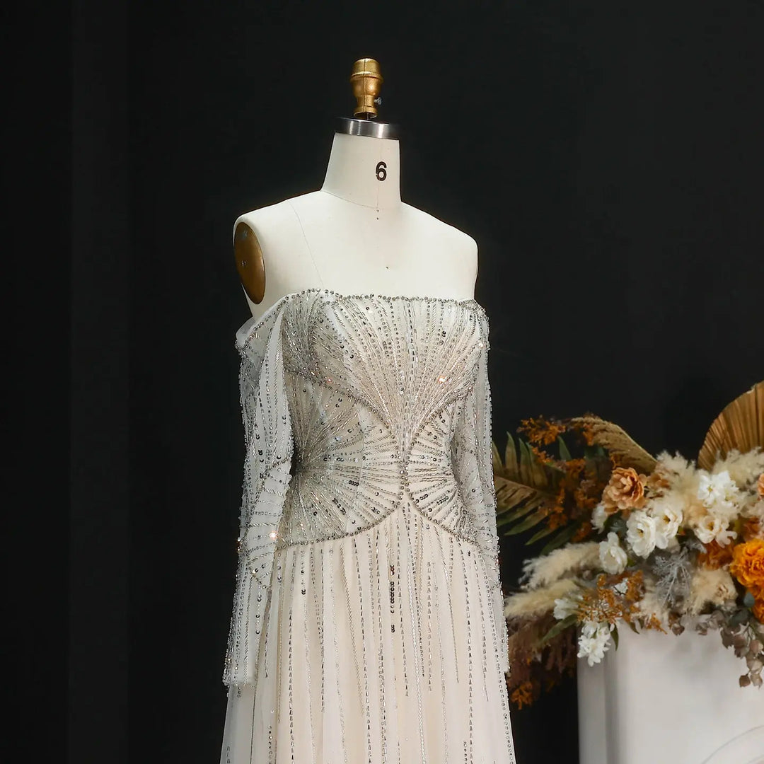 Luxury Beige Crystal Beaded Off Shoulder Evening Dress with Long Sleeves SS507 Beige / 10