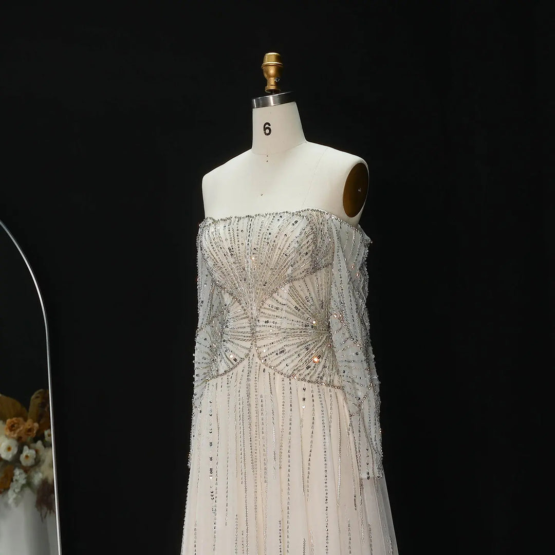 Luxury Beige Crystal Beaded Off Shoulder Evening Dress with Long Sleeves SS507-DreamyVow