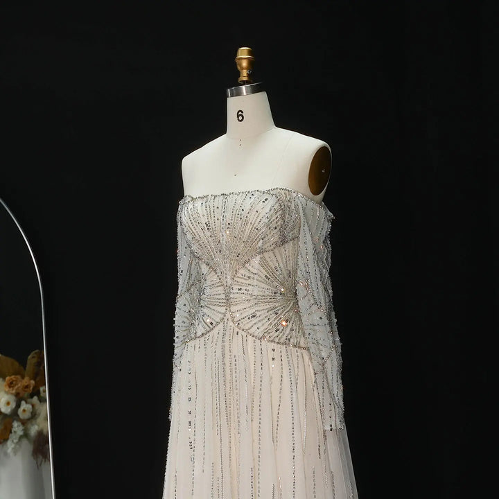 Luxury Beige Crystal Beaded Off Shoulder Evening Dress with Long Sleeves SS507-DreamyVow